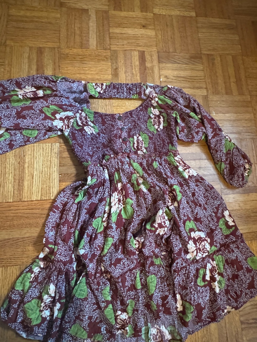 Free People Burgundy Floral Puff-Sleeve Dress
